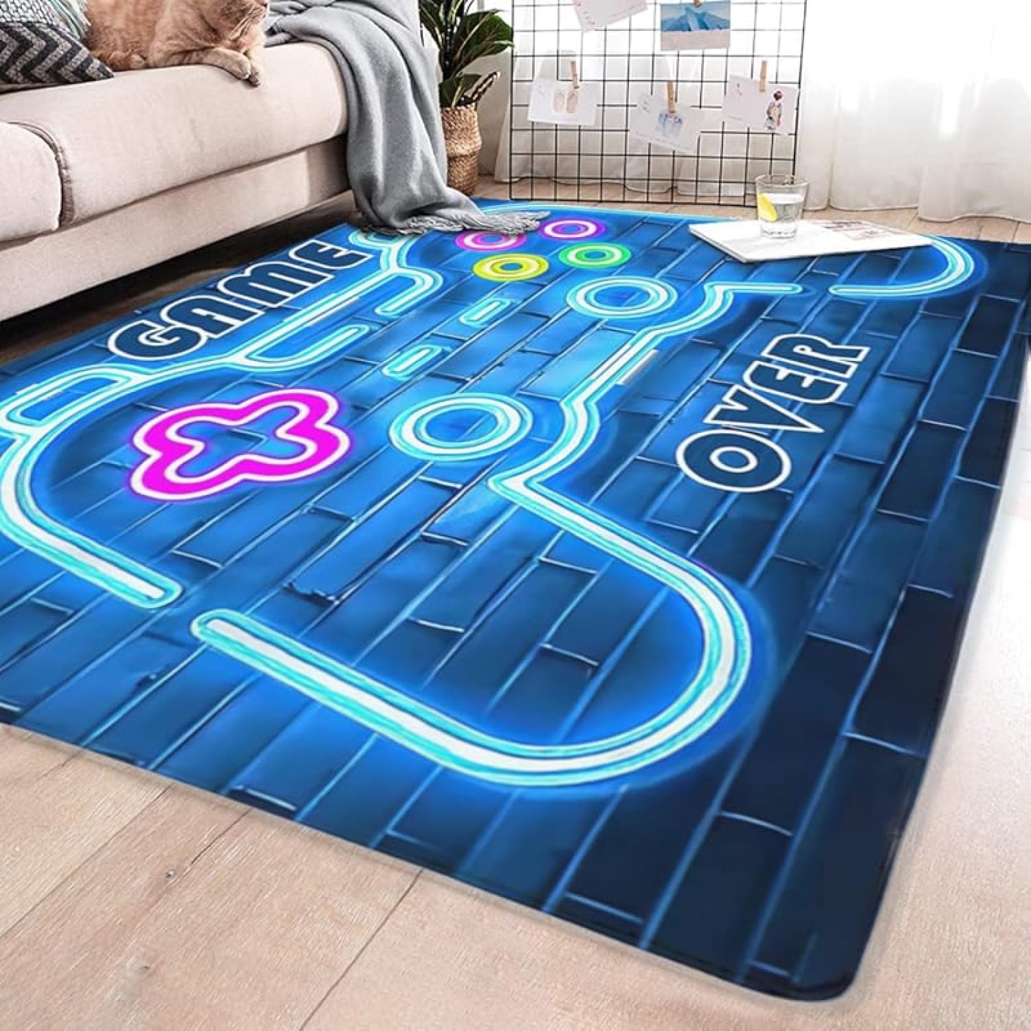 Gaming Rug for Kids Boy Bedroom Gamer Area Carpet 3D Neon Game Cool Blue Blacklight Living Room Game Room Large Area Rug Teen Boy Room Decor Non- Comfy Floor Mat - Image 3