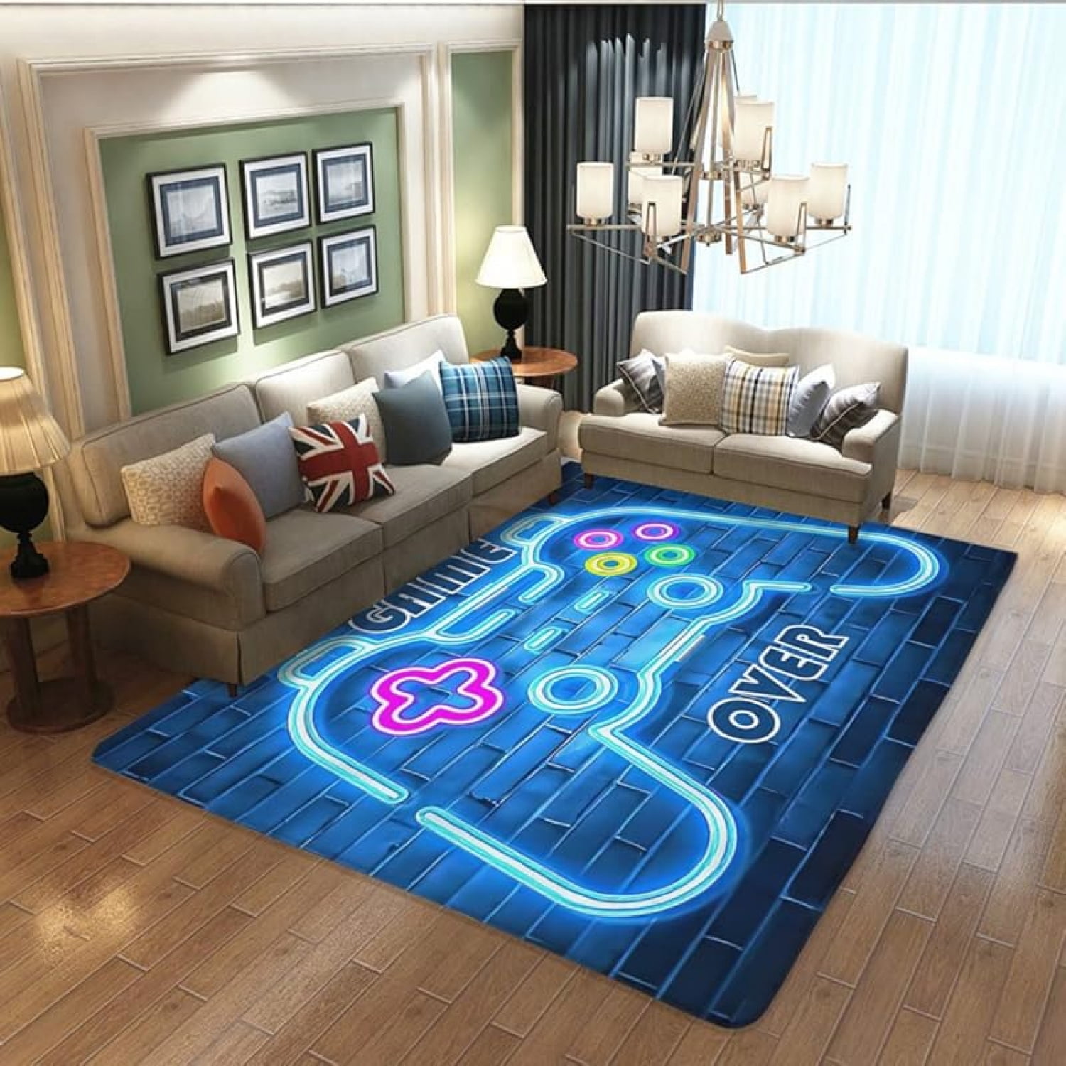 Gaming Rug for Kids Boy Bedroom Gamer Area Carpet 3D Neon Game Cool Blue Blacklight Living Room Game Room Large Area Rug Teen Boy Room Decor Non- Comfy Floor Mat - Image 4