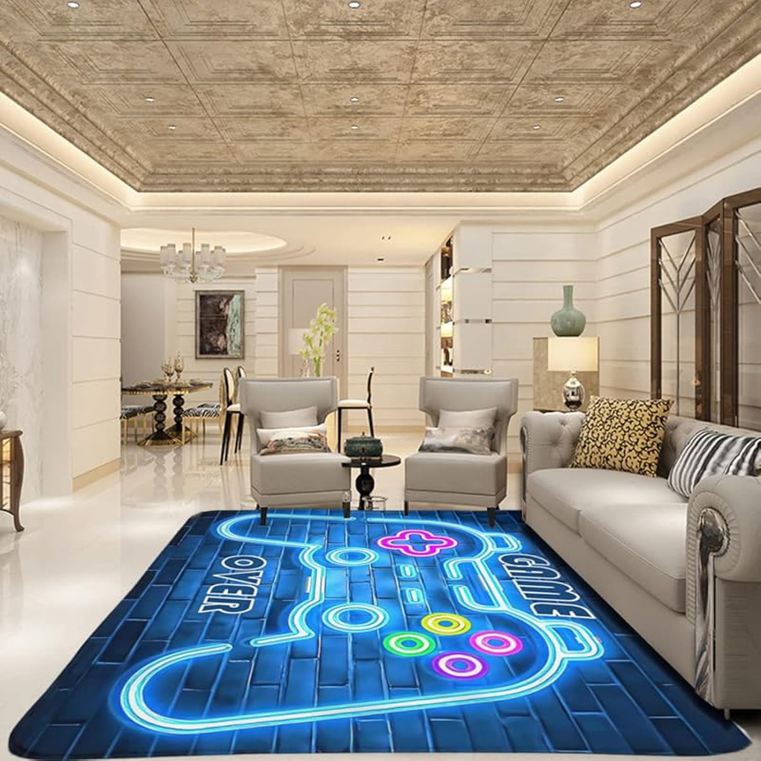 Gaming Rug for Kids Boy Bedroom Gamer Area Carpet 3D Neon Game Cool Blue Blacklight Living Room Game Room Large Area Rug Teen Boy Room Decor Non- Comfy Floor Mat - Image 2