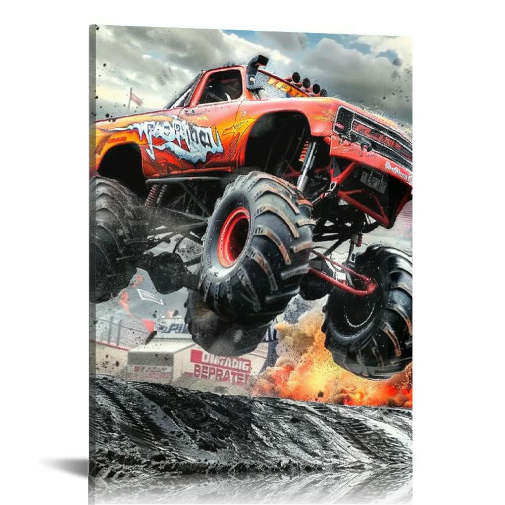 Acheng Monster Truck Canvas Wall Art for Boys Room Decor Black and White Car Posters Teen Men Game Room Home Decorations Monster Jam Stunt Pictures Print Painting Bedroom Living