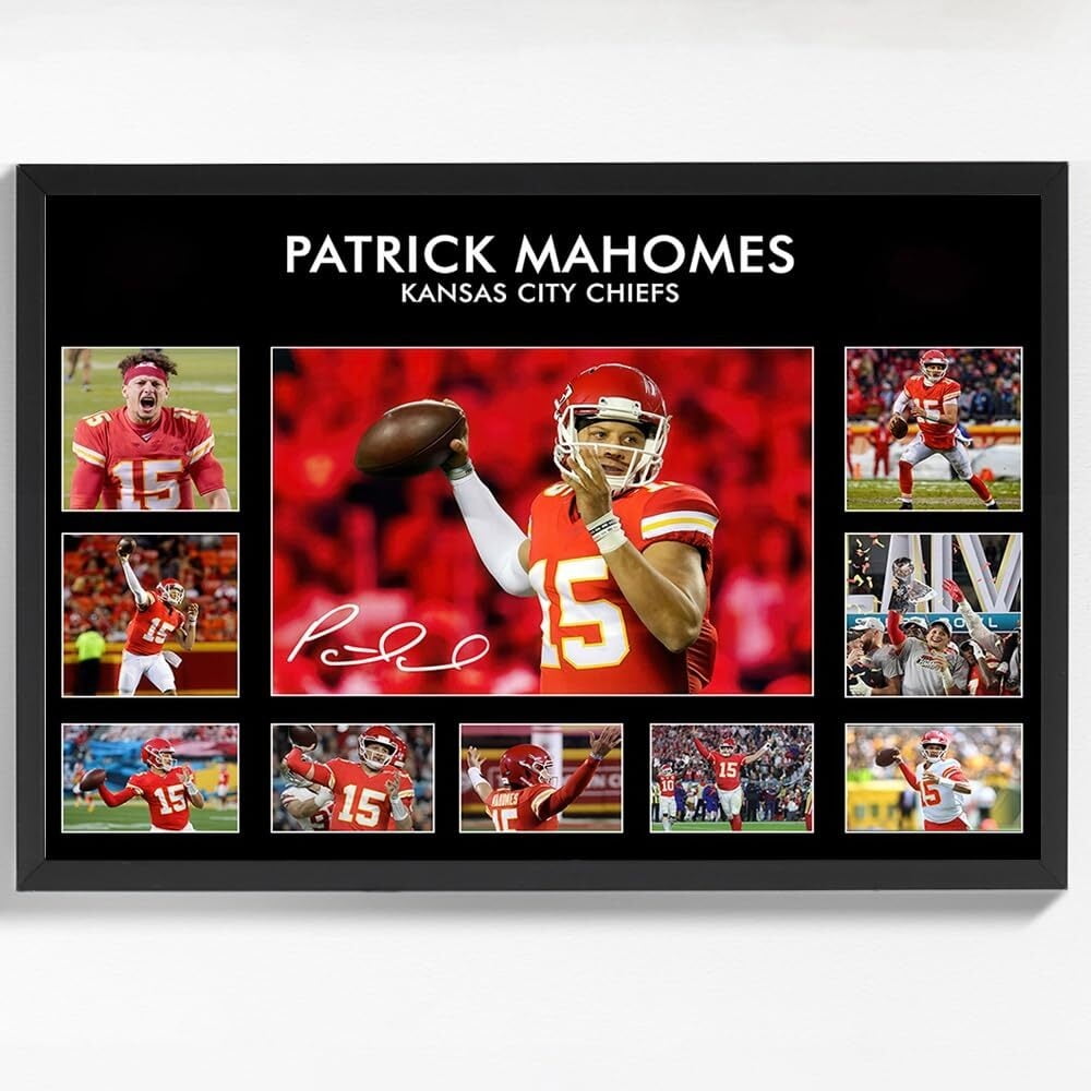 Black Framed Rugby Star Patrick Mahomes Signed Poster For Fans Kids Birthday Christmas Gifts-Sports Football Picture Canvas Art Prints For Boys Teens Room Bedroom Wall Decor
