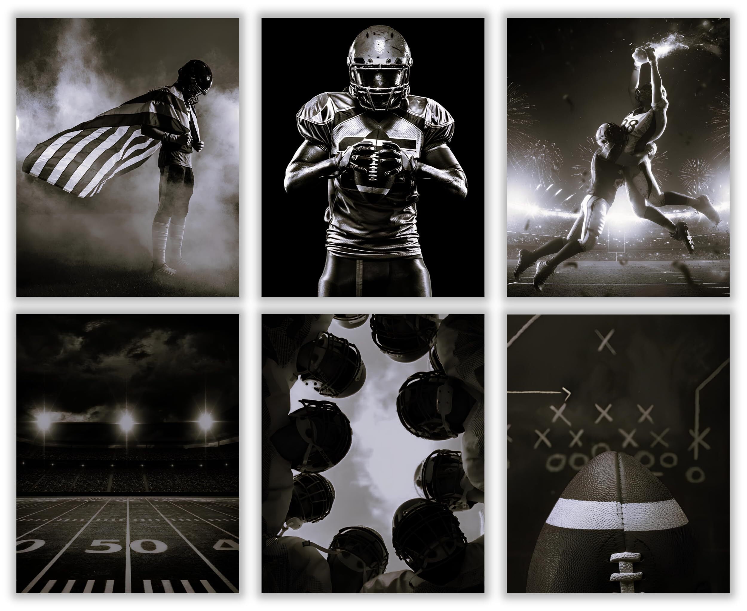 Football Posters - Set of 6 Unframed - Football Decor, Black and White Wall Art, Man Cave Decor, Teen Room Decor, Football Pool Posters for Teenager Boys Girls Men Guys Kids (Football)
