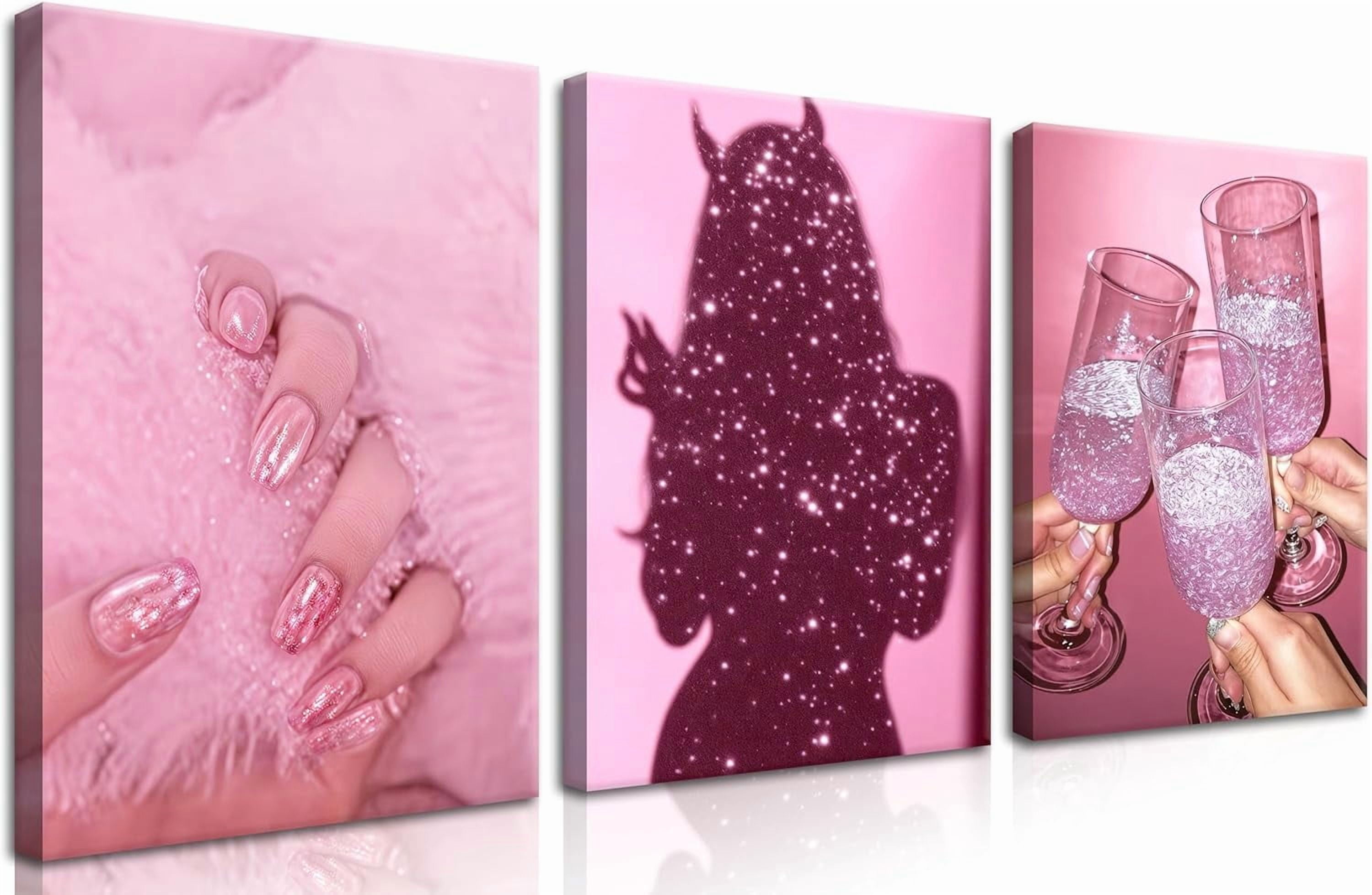 Framed Pink Canvas Wall Art Set of 3, Cute Cartoon Pictures Wall Decor, Warm Teen Girls Posters Print Paintings, for Kids Room Girls Dormitory Nursery Decoration 12x16 inch