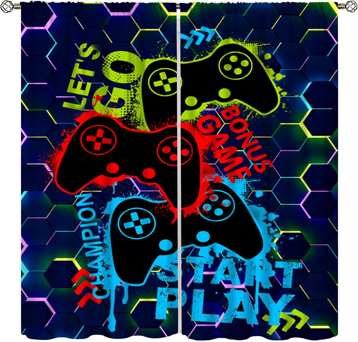 Gamer Blackout Curtains, Colorful Graffiti Neon Abstract Geometric Video Gamepad Print Rod Pocket Window Treatments Drapes for Boys Girls Teens Bedroom Living Room Playroom Decor 42x54in