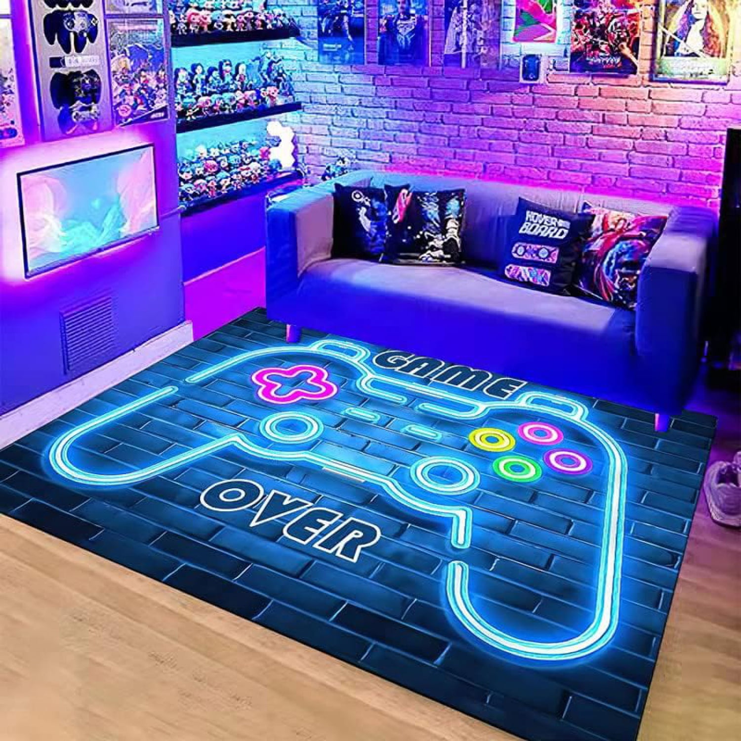 Gaming Rug for Kids Boy Bedroom Gamer Area Carpet 3D Neon Game Cool Blue Blacklight Living Room Game Room Large Area Rug Teen Boy Room Decor Non- Comfy Floor Mat