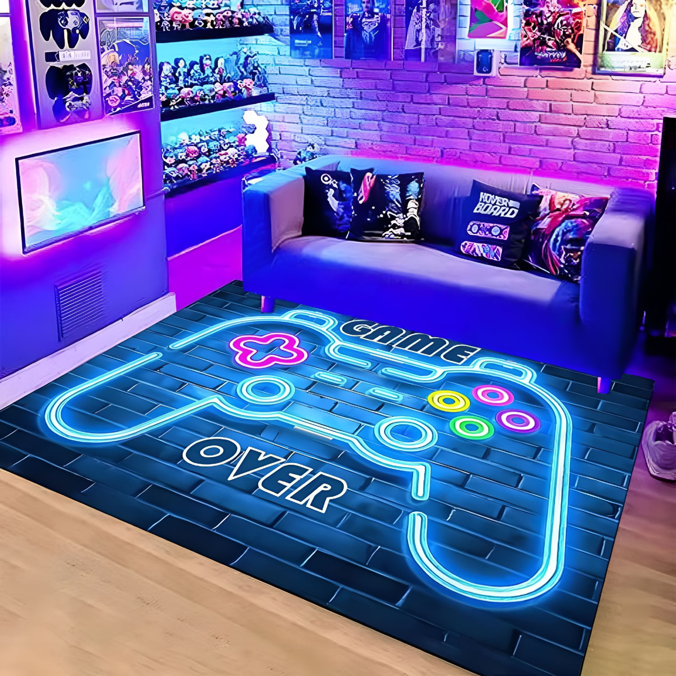 LAMIRO Gaming Rug for Kids Boy Bedroom Gamer Area Carpet 3D Neon Game Cool Blue Blacklight Living Room Game Room Large Area Rug Teen Boy Room Decor Non-Slip Comfy Floor Mat