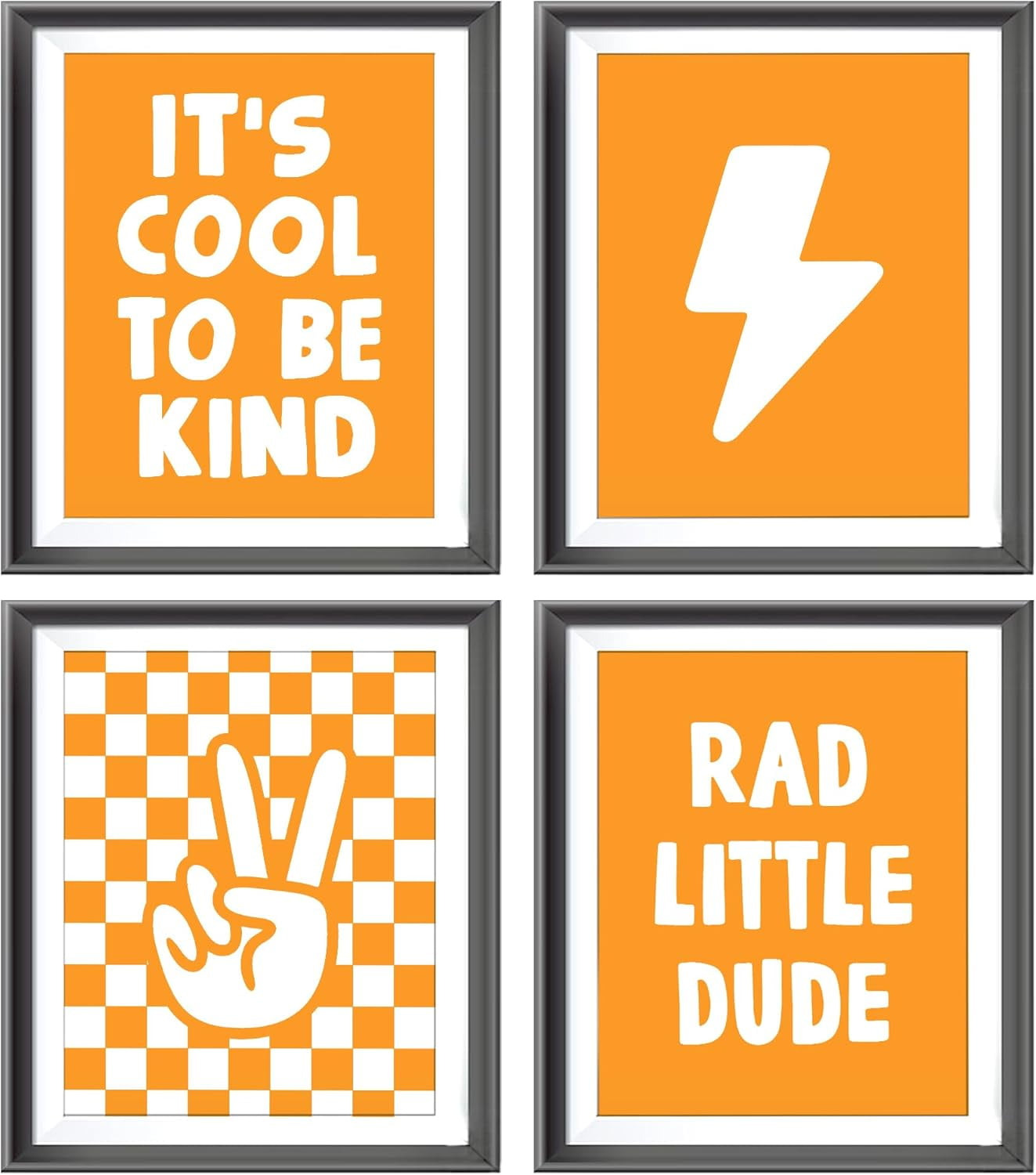 Retro Black Checkered Preppy Lightning Peace Hand Sign Poster Prints for Boy Teen Room Dorm Decor,Lake Blue Rad Little Dude Funny Decorations Prints Wall Art Unframed 4pcs,Teen Boys Gifts