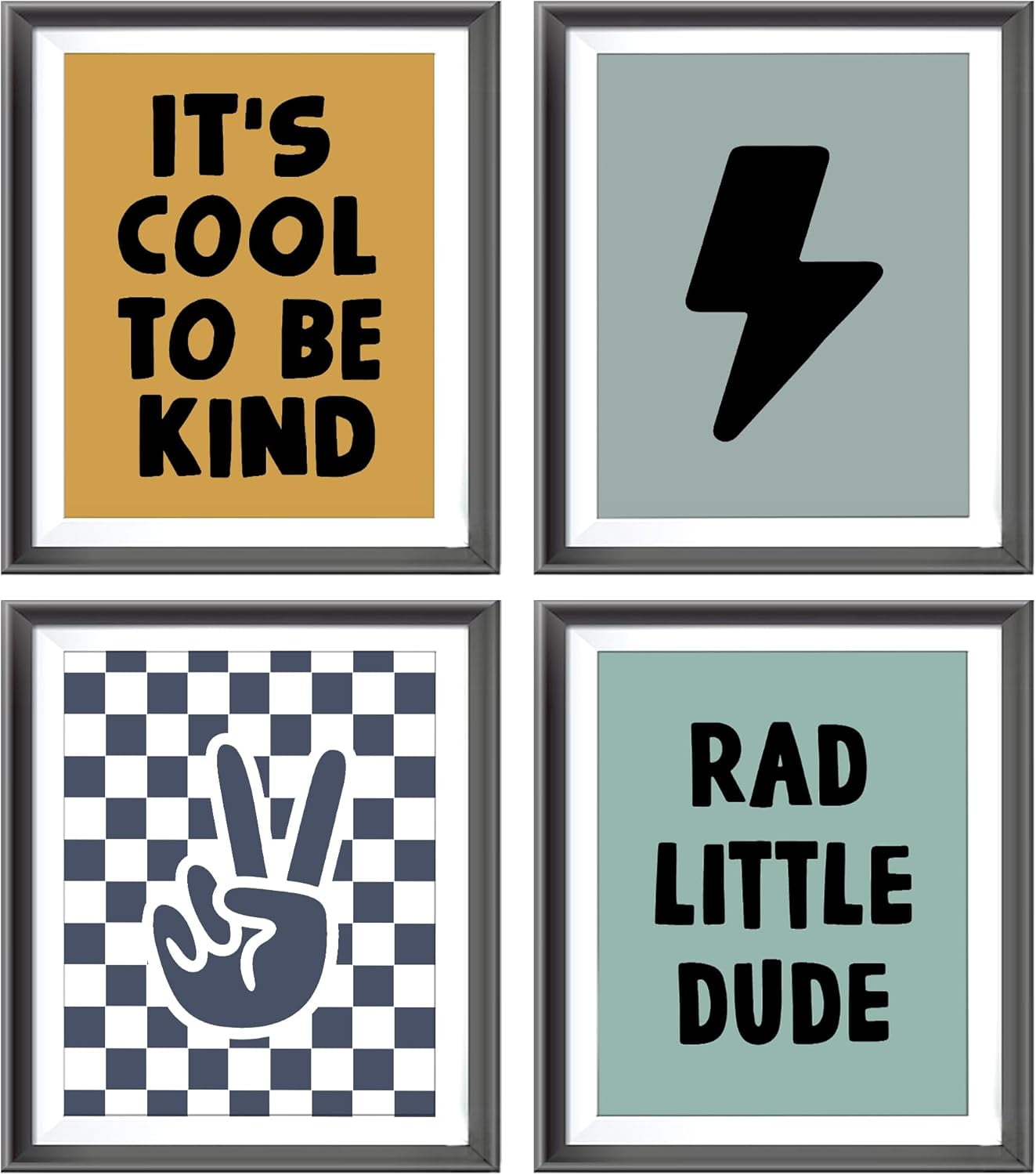 Retro Black Checkered Preppy Lightning Peace Hand Sign Poster Prints for Boy Teen Room Dorm Decor,Lake Blue Rad Little Dude Funny Decorations Prints Wall Art Unframed 4pcs,Teen Boys Gifts