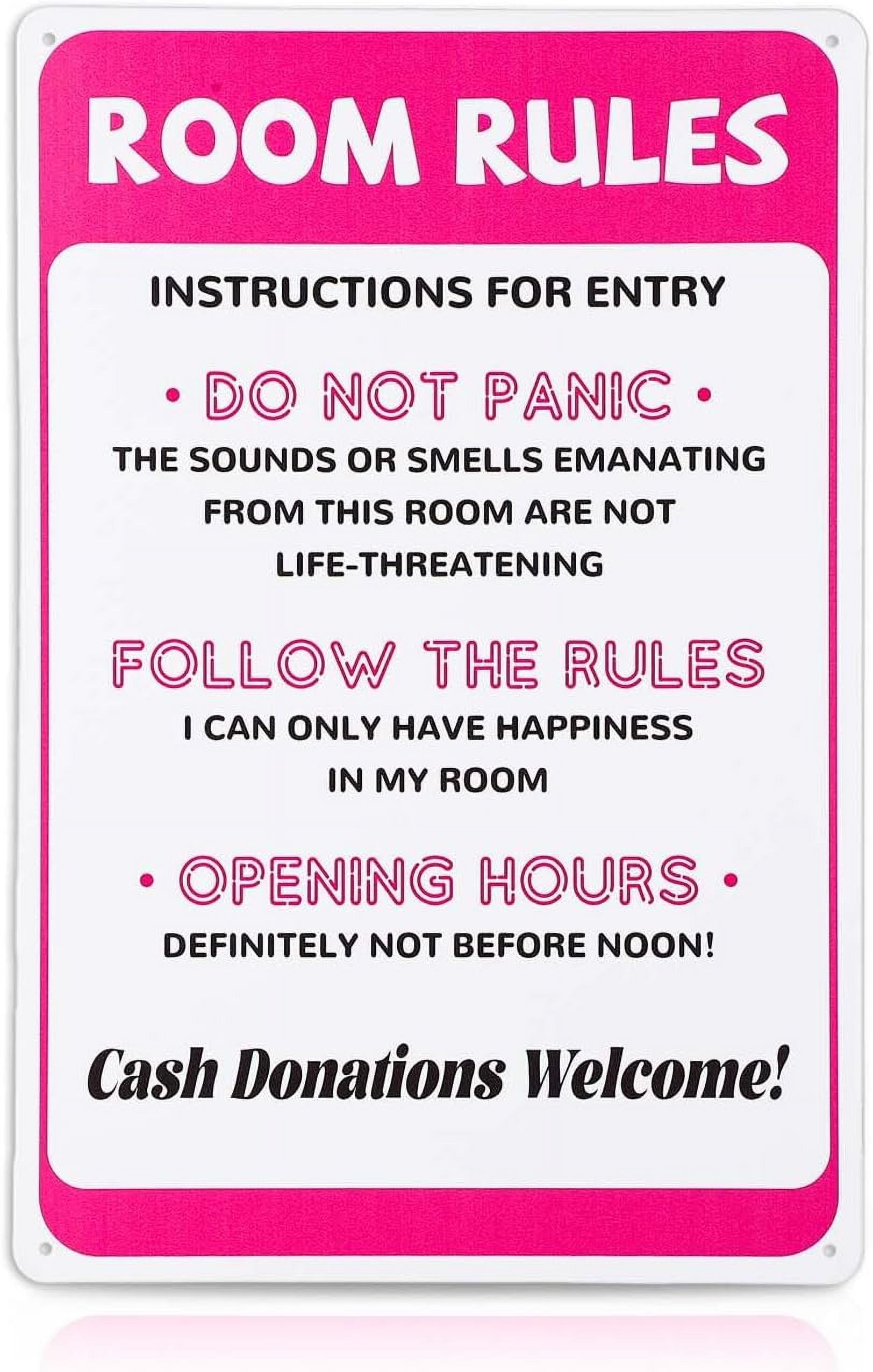 Room Rules Sign for Teen Girls, 12x8in Funny Pink Bedroom Decor Cute Gaming Room Door Decor Metal Tin Signs for Teen girls Room Dorm Wall Accessories