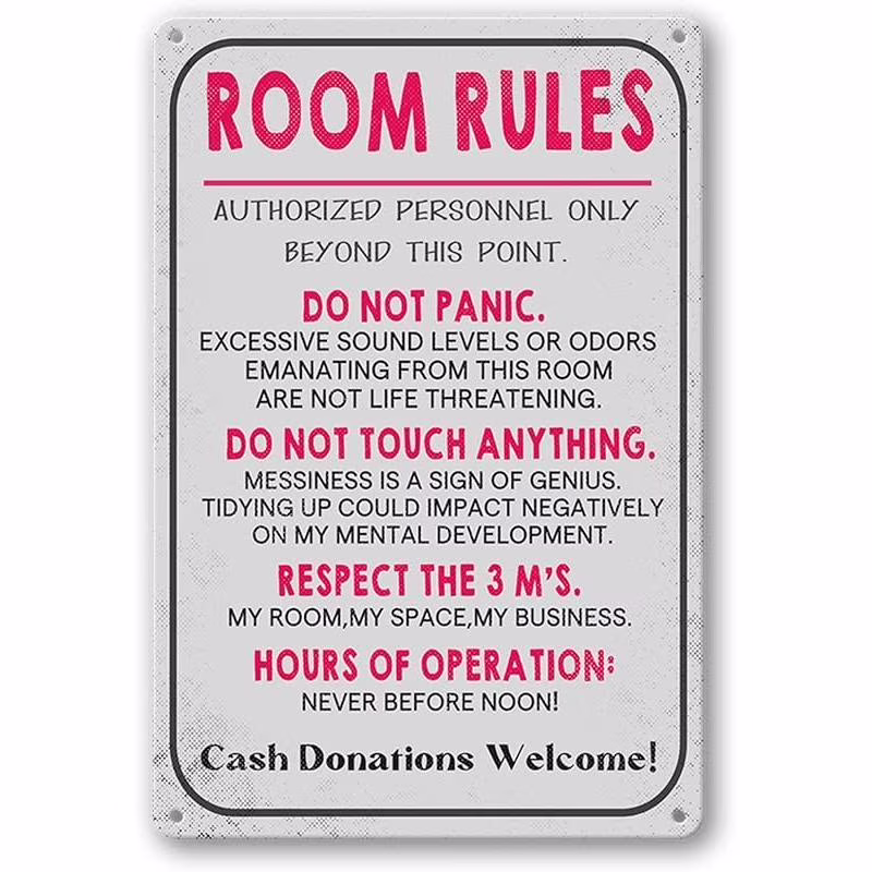 Room Rules Sign For Teen Girls Boy Bedroom/Gaming Room By Decor Dorm Wall Accessories Cool Things, Funny Metal Tin Signs 12X8 In