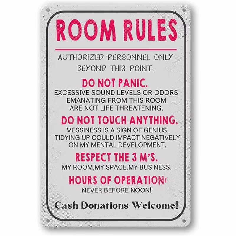 Room Rules Sign For Teen Girls Boy Bedroom/Gaming Room By Decor Dorm Wall Accessories Cool Things, Funny Metal Tin Signs 12X8 In
